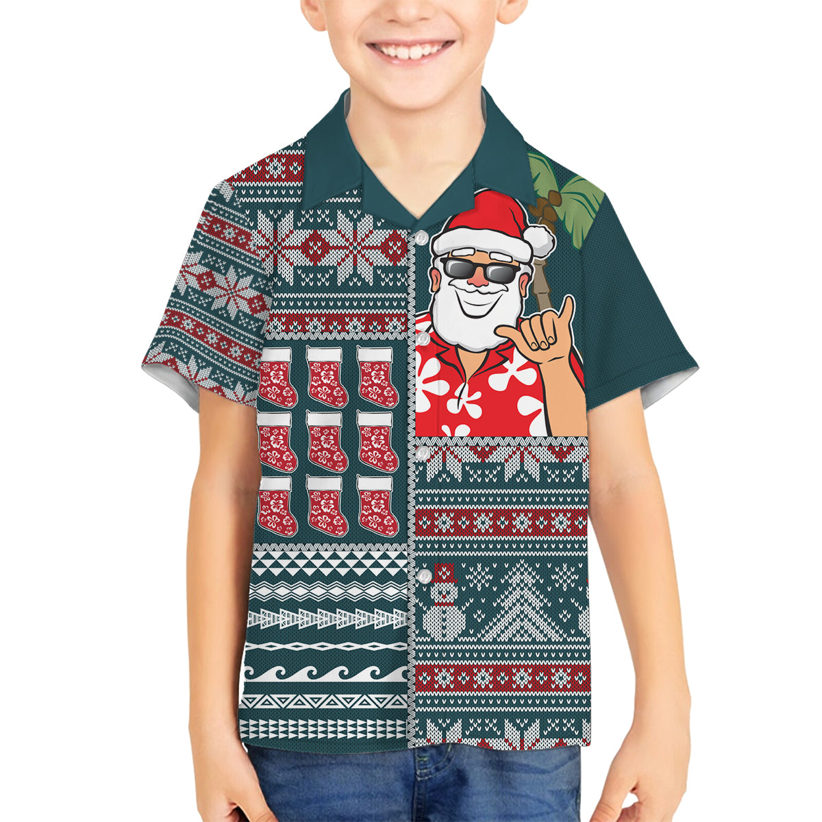 Hawaii Mele Kalikimaka Family Matching Off Shoulder Maxi Dress and Hawaiian Shirt Aloha and Christmas Elements Patchwork Turquoise Style LT03 Son's Shirt Turquoise - Polynesian Pride