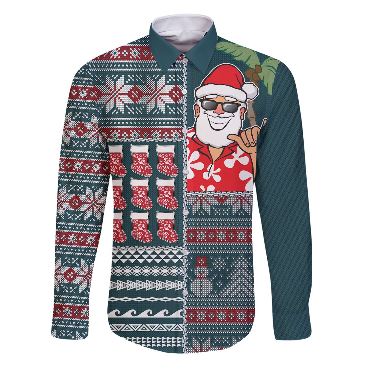 Hawaii Mele Kalikimaka Family Matching Off Shoulder Short Dress and Hawaiian Shirt Aloha and Christmas Elements Patchwork Turquoise Style LT03 Dad's Shirt - Long Sleeve Turquoise - Polynesian Pride