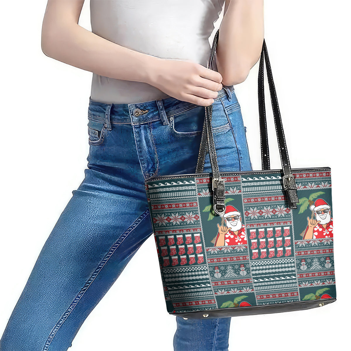 Hawaii Mele Kalikimaka Leather Tote Bag Aloha and Christmas Elements Patchwork Turquoise Style LT03 - Polynesian Pride