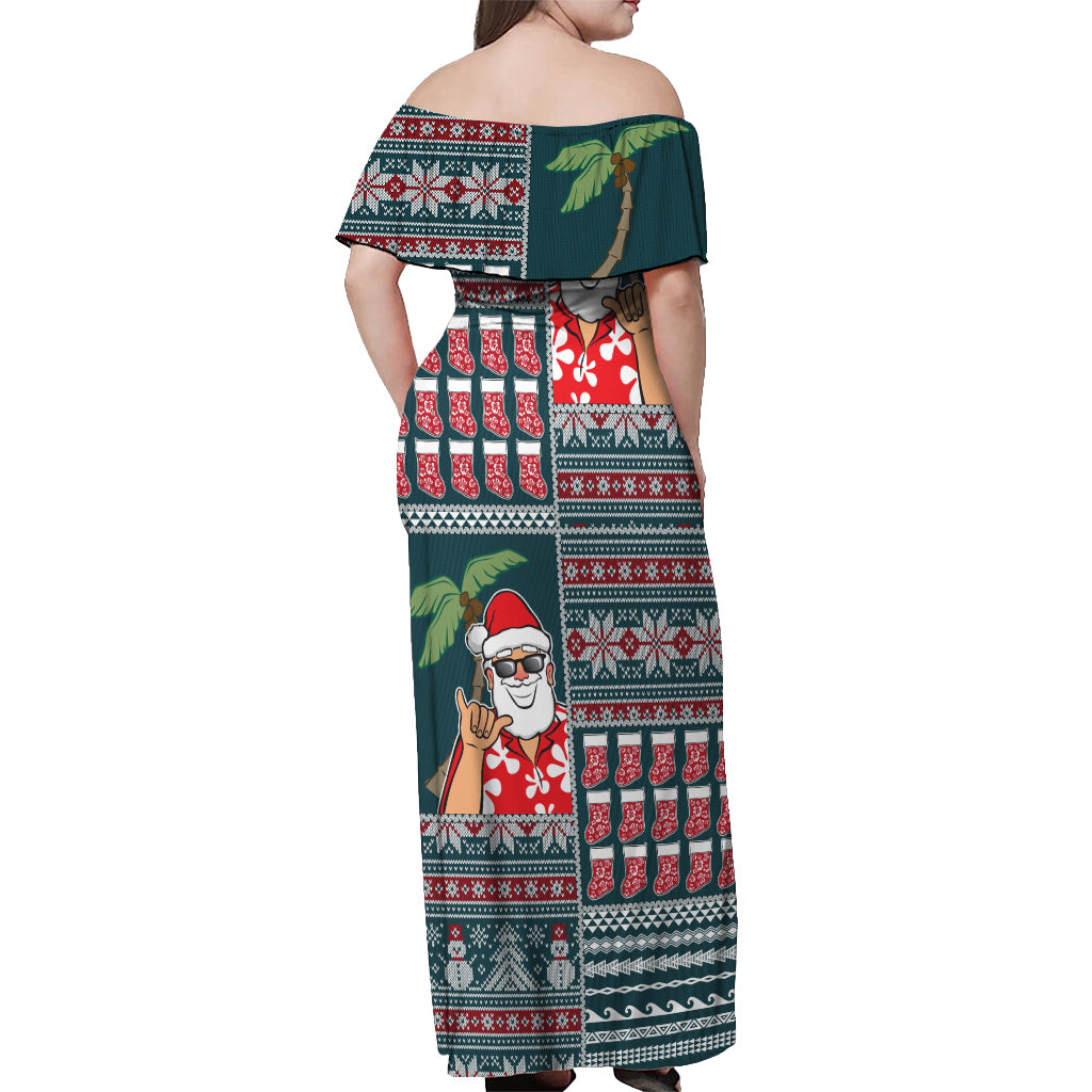 Hawaii Mele Kalikimaka Off Shoulder Maxi Dress Aloha and Christmas Elements Patchwork Turquoise Style LT03 - Polynesian Pride