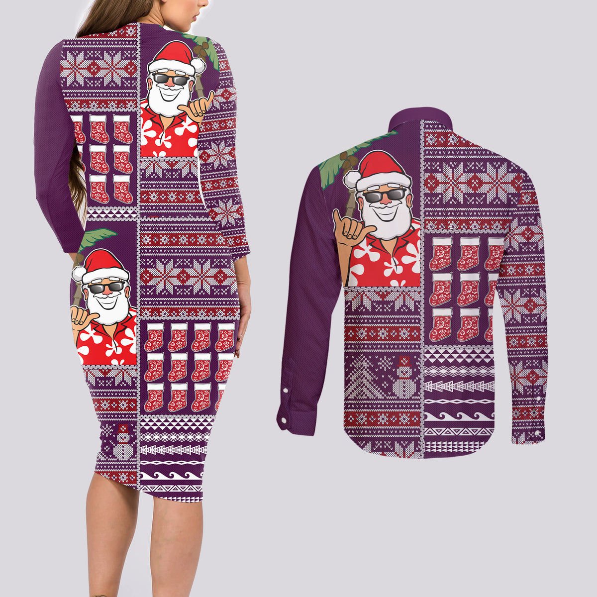 Hawaii Mele Kalikimaka Couples Matching Long Sleeve Bodycon Dress and Long Sleeve Button Shirt Aloha and Christmas Elements Patchwork Pink Style LT03 - Polynesian Pride