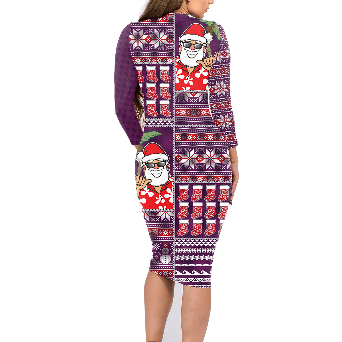 Hawaii Mele Kalikimaka Family Matching Long Sleeve Bodycon Dress and Hawaiian Shirt Aloha and Christmas Elements Patchwork Pink Style LT03 - Polynesian Pride