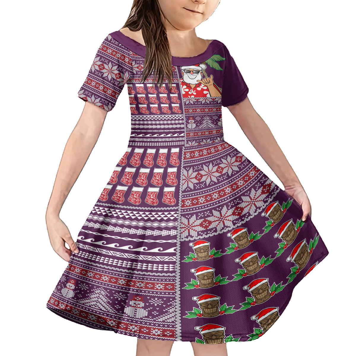 Hawaii Mele Kalikimaka Family Matching Off Shoulder Maxi Dress and Hawaiian Shirt Aloha and Christmas Elements Patchwork Pink Style LT03 Daughter's Dress Pink - Polynesian Pride