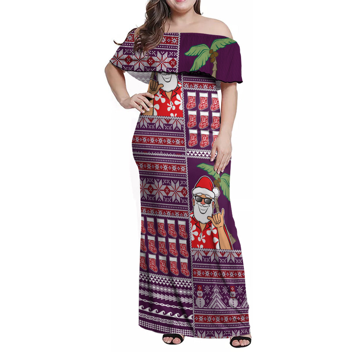 Hawaii Mele Kalikimaka Family Matching Off Shoulder Maxi Dress and Hawaiian Shirt Aloha and Christmas Elements Patchwork Pink Style LT03 Mom's Dress Pink - Polynesian Pride