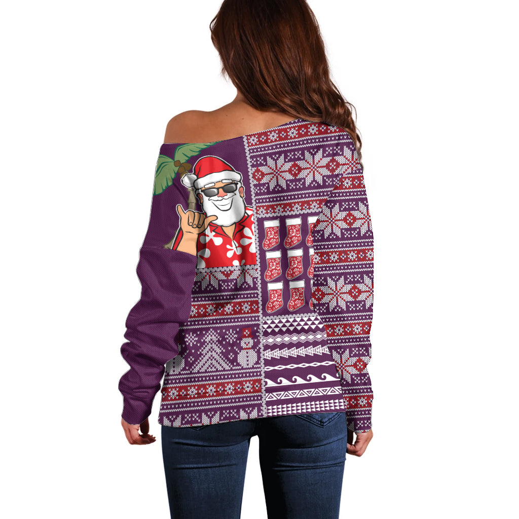 Hawaii Mele Kalikimaka Off Shoulder Sweater Aloha and Christmas Elements Patchwork Pink Style LT03 - Polynesian Pride