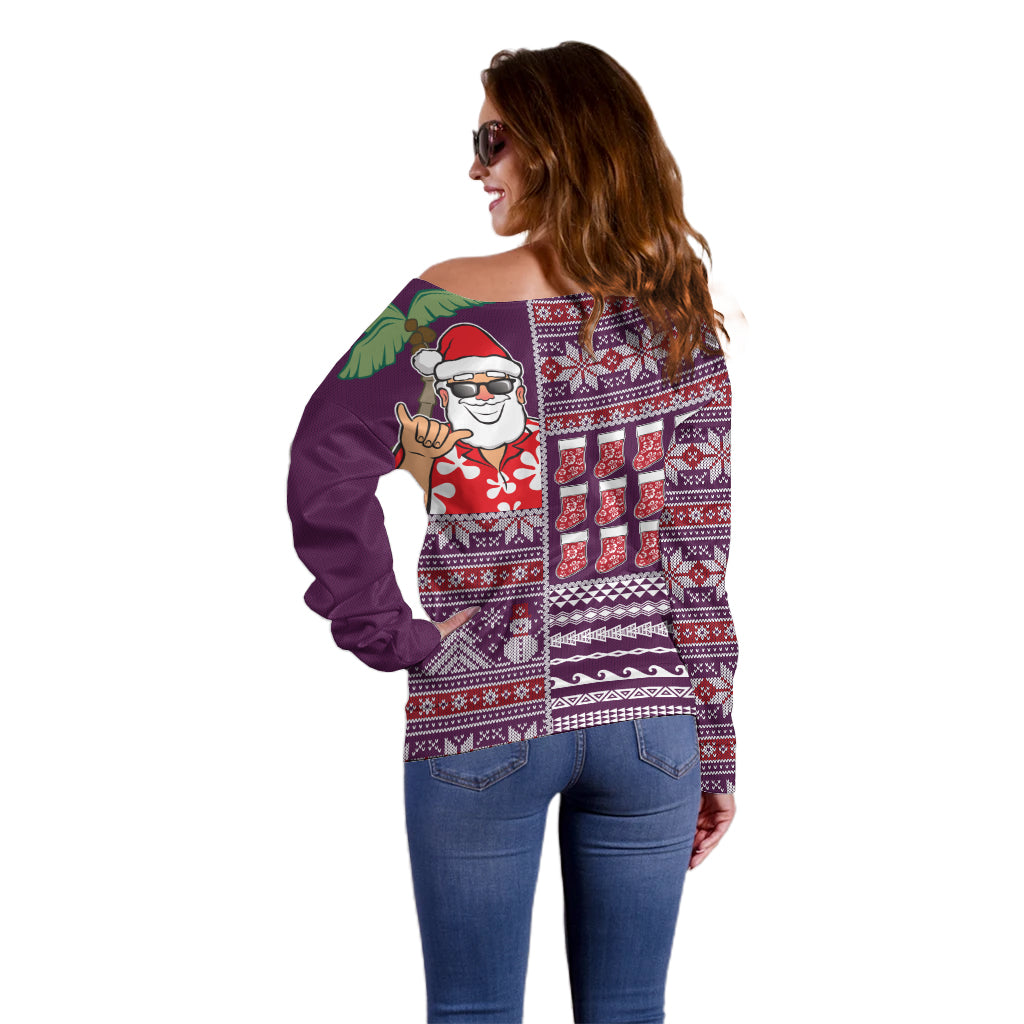 Hawaii Mele Kalikimaka Off Shoulder Sweater Aloha and Christmas Elements Patchwork Pink Style LT03 - Polynesian Pride