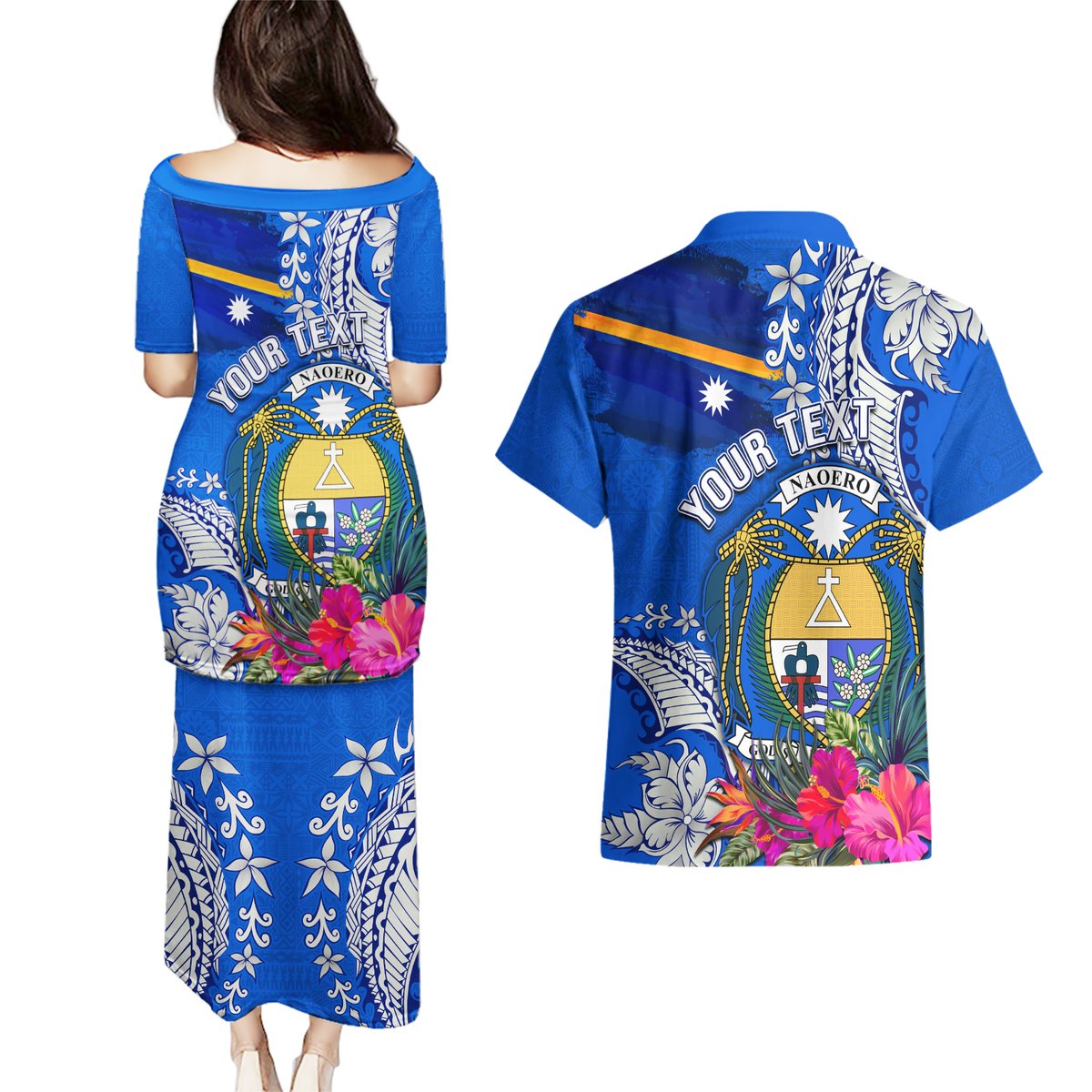 Personalised Nauru Coat of Arms Couples Matching Puletasi and Hawaiian Shirt Tropical Flower Polynesian Pattern LT03 - Polynesian Pride
