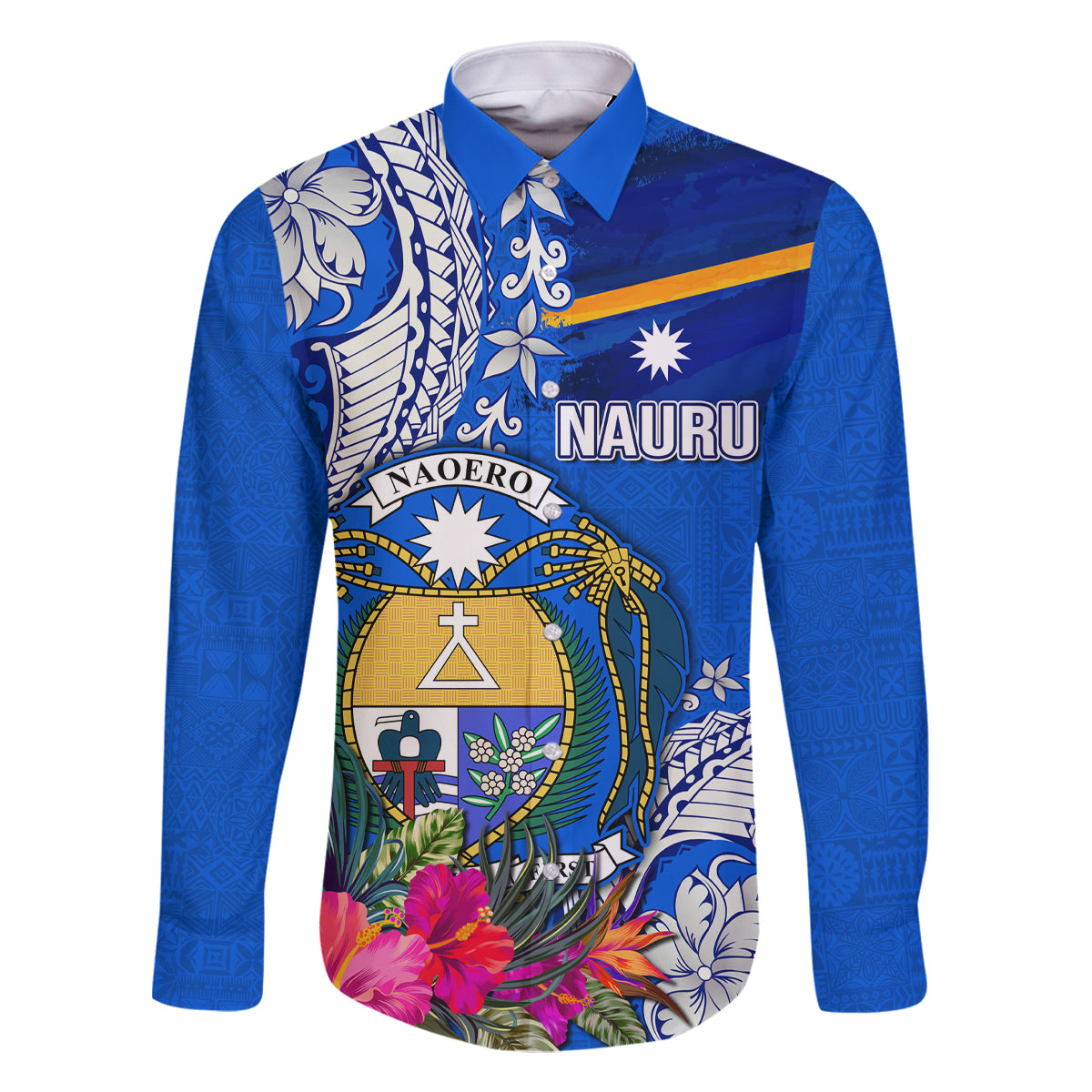 Personalised Nauru Coat of Arms Family Matching Off Shoulder Long Sleeve Dress and Hawaiian Shirt Tropical Flower Polynesian Pattern LT03 Dad's Shirt - Long Sleeve Blue - Polynesian Pride
