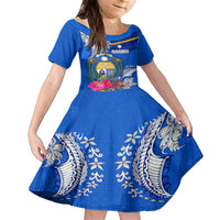 Personalised Nauru Coat of Arms Family Matching Short Sleeve Bodycon Dress and Hawaiian Shirt Tropical Flower Polynesian Pattern LT03 Daughter's Dress Blue - Polynesian Pride