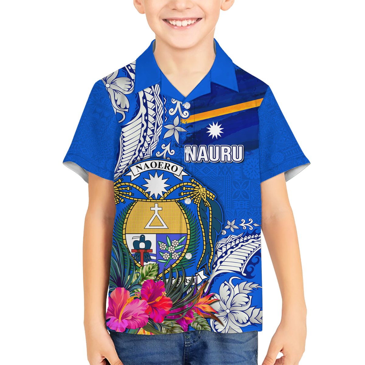 Personalised Nauru Coat of Arms Hawaiian Shirt Tropical Flower Polynesian Pattern LT03 - Polynesian Pride