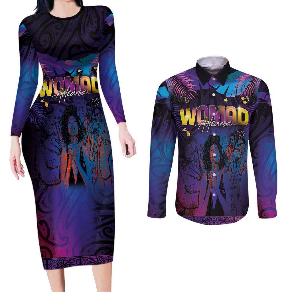 Aotearoa Arts Festival 2025 Couples Matching Long Sleeve Bodycon Dress and Long Sleeve Button Shirt Maori Music Art Dance - Rhythmic Vibes LT03 Black - Polynesian Pride