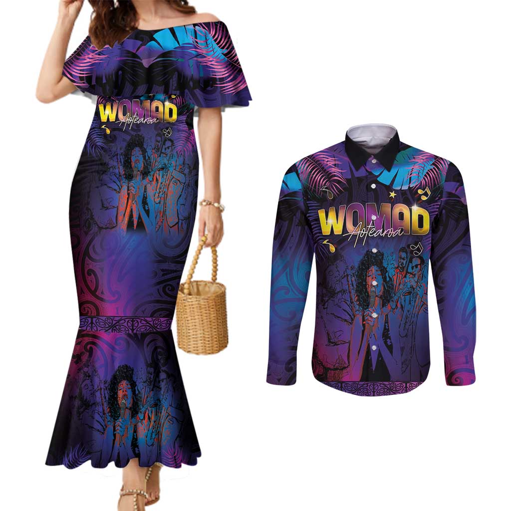 Aotearoa Arts Festival 2025 Couples Matching Mermaid Dress and Long Sleeve Button Shirt Maori Music Art Dance - Rhythmic Vibes LT03 Black - Polynesian Pride