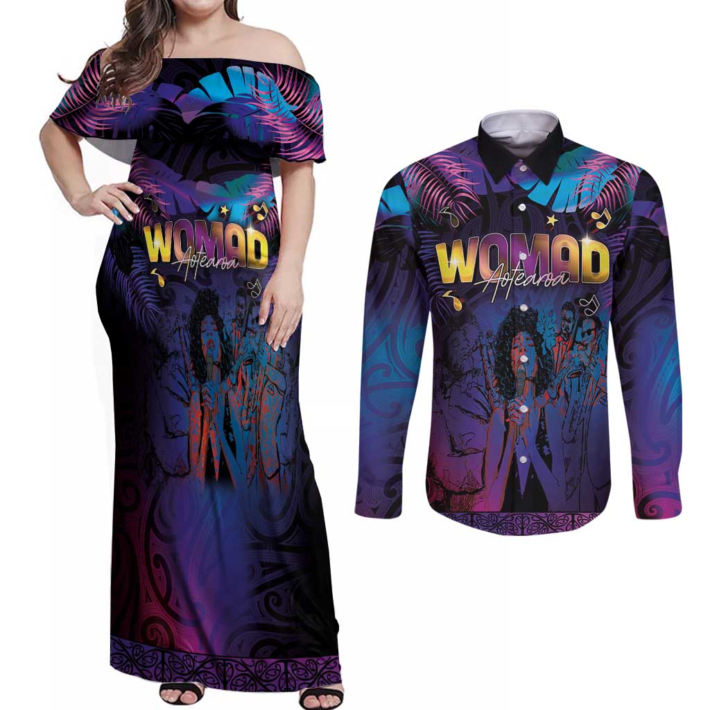 Aotearoa Arts Festival 2025 Couples Matching Off Shoulder Maxi Dress and Long Sleeve Button Shirt Maori Music Art Dance - Rhythmic Vibes LT03 Black - Polynesian Pride