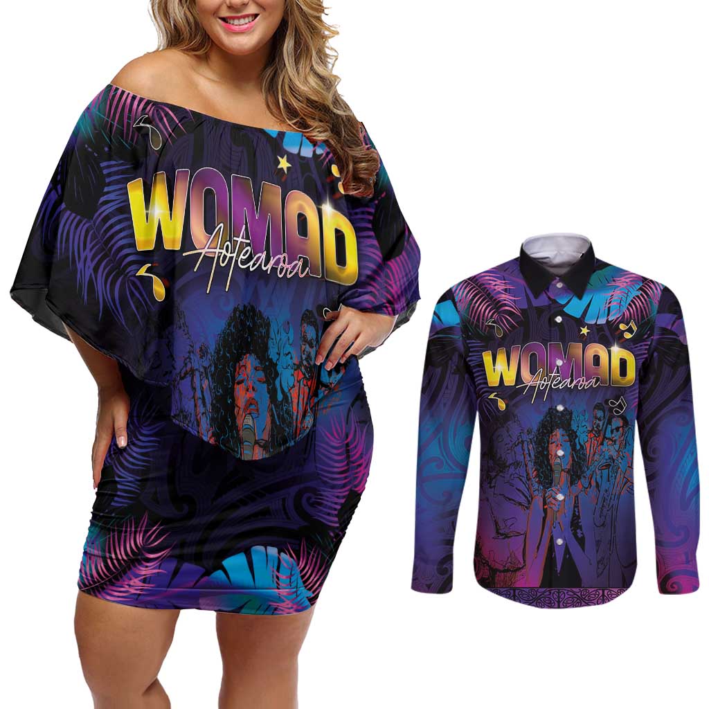 Aotearoa Arts Festival 2025 Couples Matching Off Shoulder Short Dress and Long Sleeve Button Shirt Maori Music Art Dance - Rhythmic Vibes LT03 Black - Polynesian Pride
