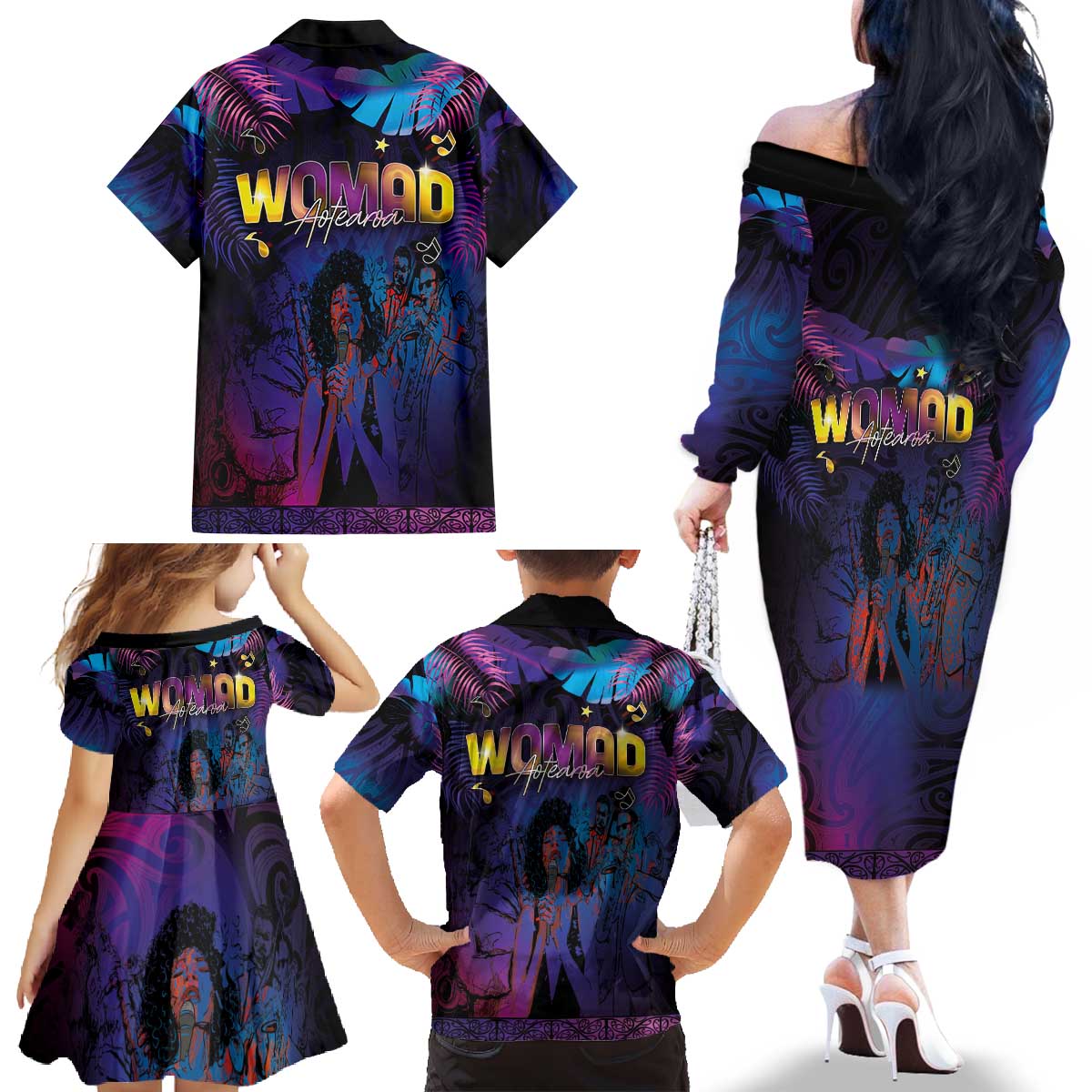 Aotearoa Arts Festival 2025 Family Matching Off The Shoulder Long Sleeve Dress and Hawaiian Shirt Maori Music Art Dance - Rhythmic Vibes LT03 - Polynesian Pride