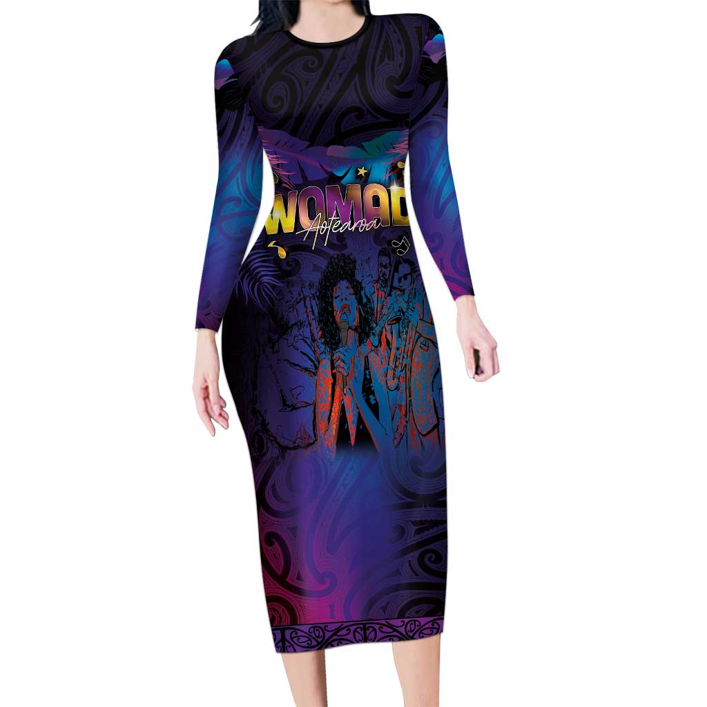 Aotearoa Arts Festival 2025 Long Sleeve Bodycon Dress Maori Music Art Dance - Rhythmic Vibes LT03 Long Dress Black - Polynesian Pride