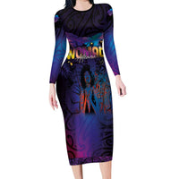 Aotearoa Arts Festival 2025 Long Sleeve Bodycon Dress Maori Music Art Dance - Rhythmic Vibes LT03 Long Dress Black - Polynesian Pride