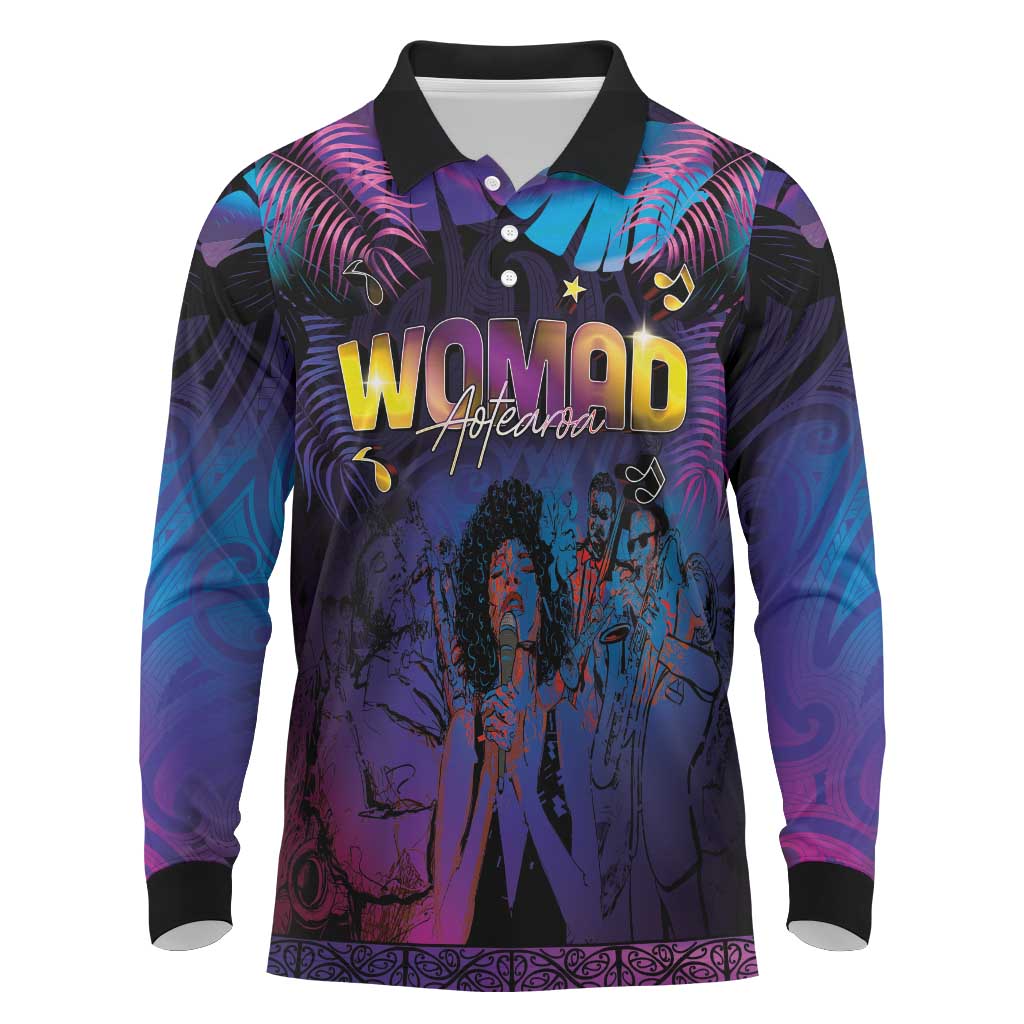 Aotearoa Arts Festival 2025 Long Sleeve Polo Shirt Maori Music Art Dance - Rhythmic Vibes LT03 Black - Polynesian Pride