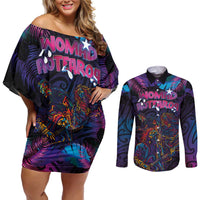 Aotearoa Arts Festival 2025 Couples Matching Off Shoulder Short Dress and Long Sleeve Button Shirt Maori Performing Art and Music - Rhythmic Vibes LT03 Black - Polynesian Pride