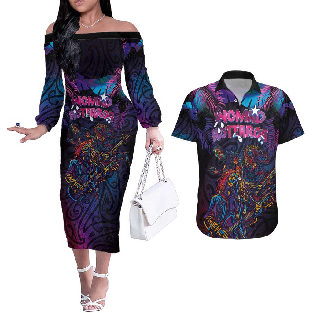 Aotearoa Arts Festival 2025 Couples Matching Off The Shoulder Long Sleeve Dress and Hawaiian Shirt Maori Performing Art and Music - Rhythmic Vibes LT03 Black - Polynesian Pride
