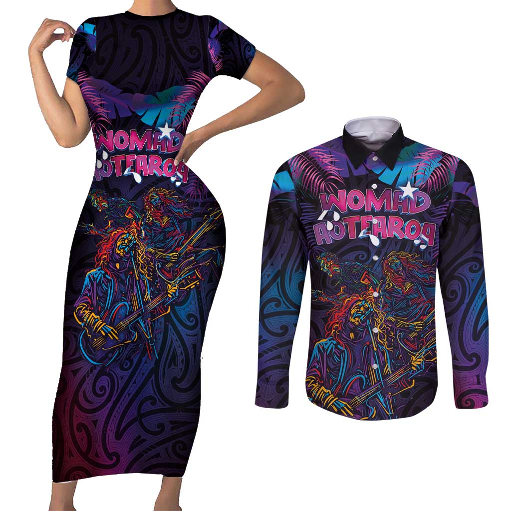 Aotearoa Arts Festival 2025 Couples Matching Short Sleeve Bodycon Dress and Long Sleeve Button Shirt Maori Performing Art and Music - Rhythmic Vibes LT03 Black - Polynesian Pride