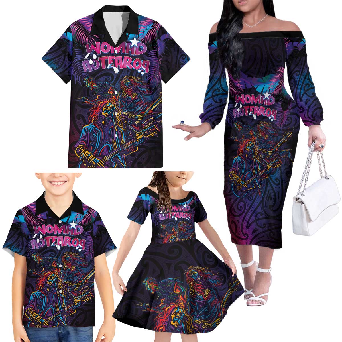 Aotearoa Arts Festival 2025 Family Matching Off The Shoulder Long Sleeve Dress and Hawaiian Shirt Maori Performing Art and Music - Rhythmic Vibes LT03 - Polynesian Pride