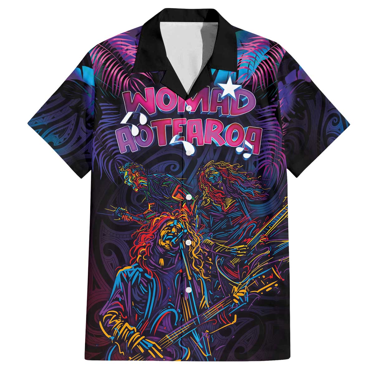 Aotearoa Arts Festival 2025 Family Matching Off The Shoulder Long Sleeve Dress and Hawaiian Shirt Maori Performing Art and Music - Rhythmic Vibes LT03 Dad's Shirt - Short Sleeve Black - Polynesian Pride