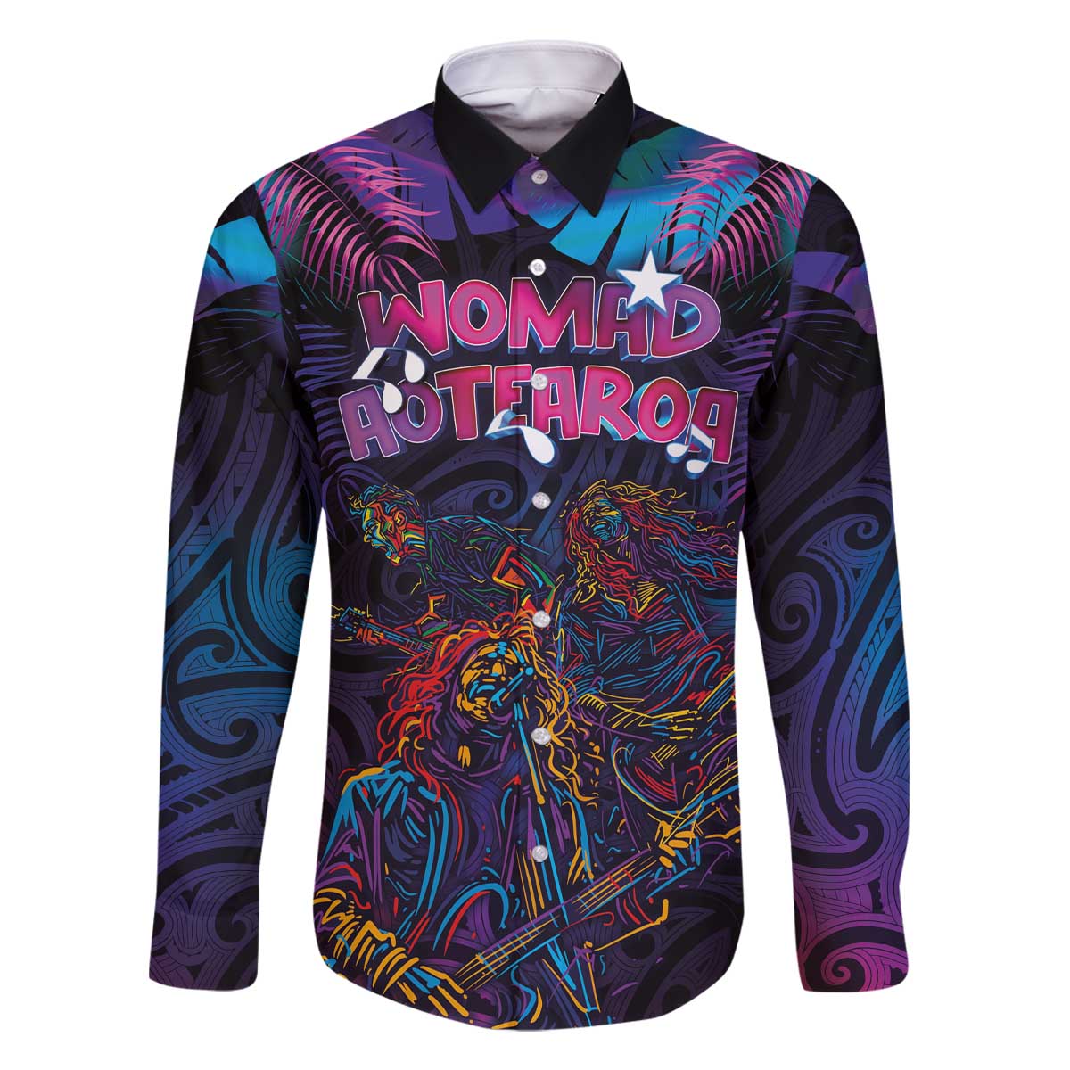 Aotearoa Arts Festival 2025 Family Matching Off The Shoulder Long Sleeve Dress and Hawaiian Shirt Maori Performing Art and Music - Rhythmic Vibes LT03 Dad's Shirt - Long Sleeve Black - Polynesian Pride