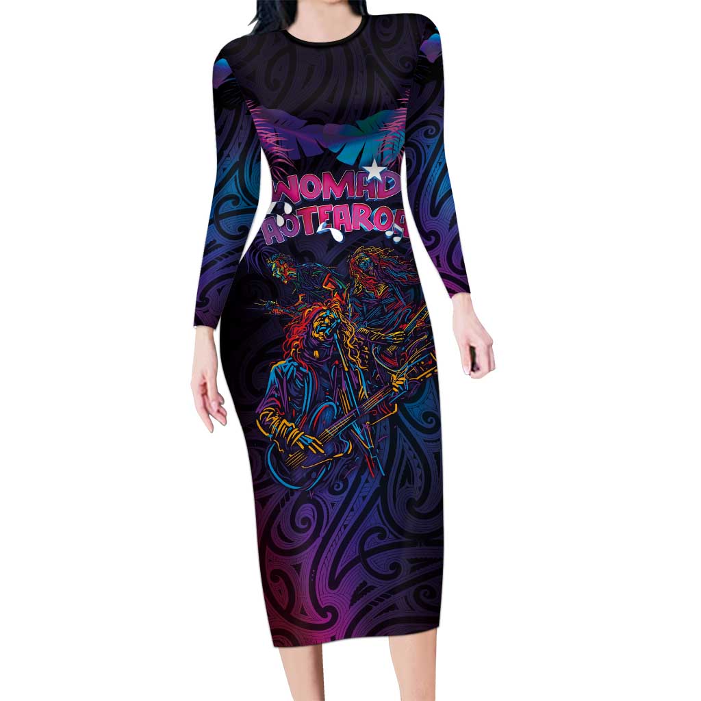 Aotearoa Arts Festival 2025 Long Sleeve Bodycon Dress Maori Performing Art and Music - Rhythmic Vibes LT03 Long Dress Black - Polynesian Pride