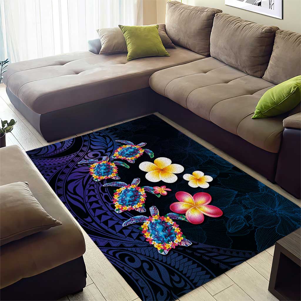Hawaiian Turtles and Plumeria Area Rug Polynesian Art Tribal Tattoo Dark Aqua Color LT03 - Polynesian Pride