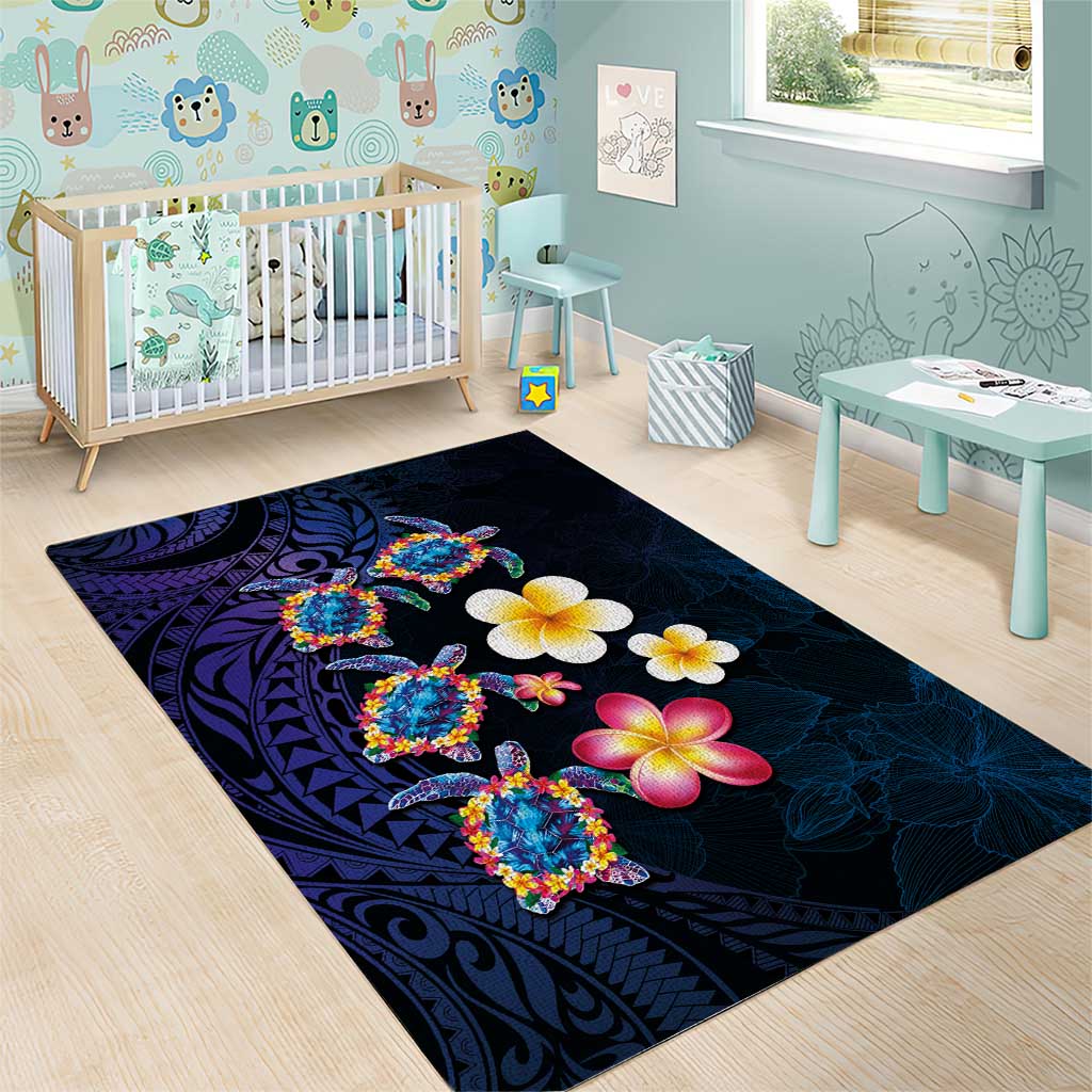 Hawaiian Turtles and Plumeria Area Rug Polynesian Art Tribal Tattoo Dark Aqua Color LT03 - Polynesian Pride