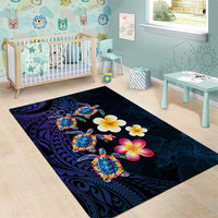 Hawaiian Turtles and Plumeria Area Rug Polynesian Art Tribal Tattoo Dark Aqua Color LT03 - Polynesian Pride