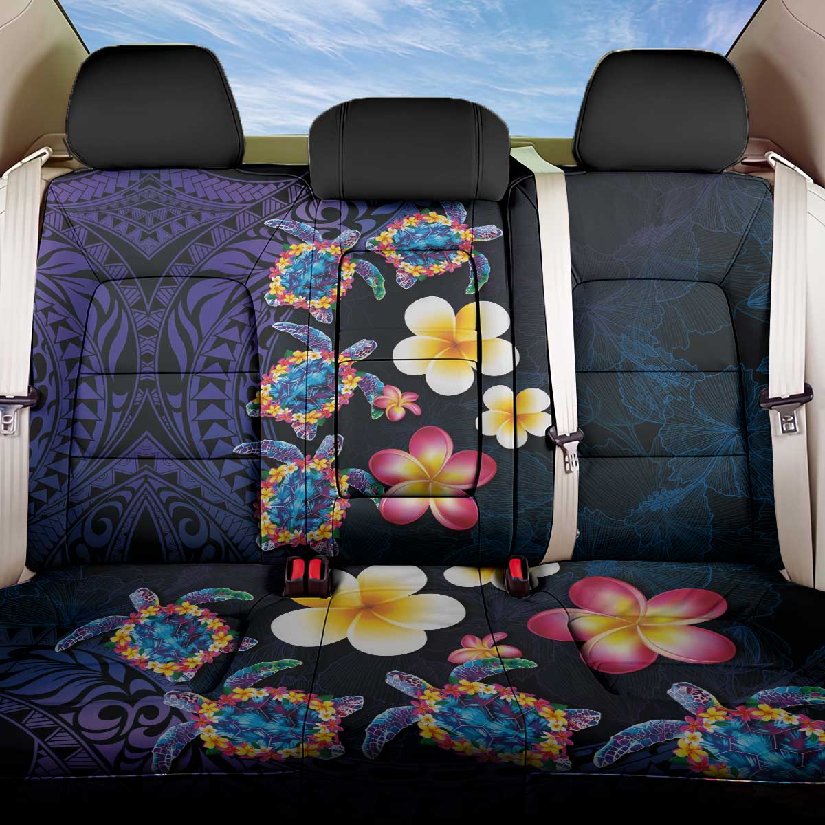 Hawaiian Turtles and Plumeria Back Car Seat Cover Polynesian Art Tribal Tattoo Dark Aqua Color LT03 One Size Blue - Polynesian Pride
