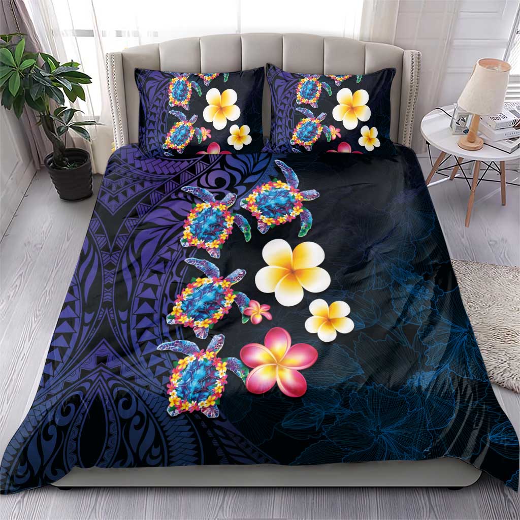 Hawaiian Turtles and Plumeria Bedding Set Polynesian Art Tribal Tattoo Dark Aqua Color LT03 - Polynesian Pride