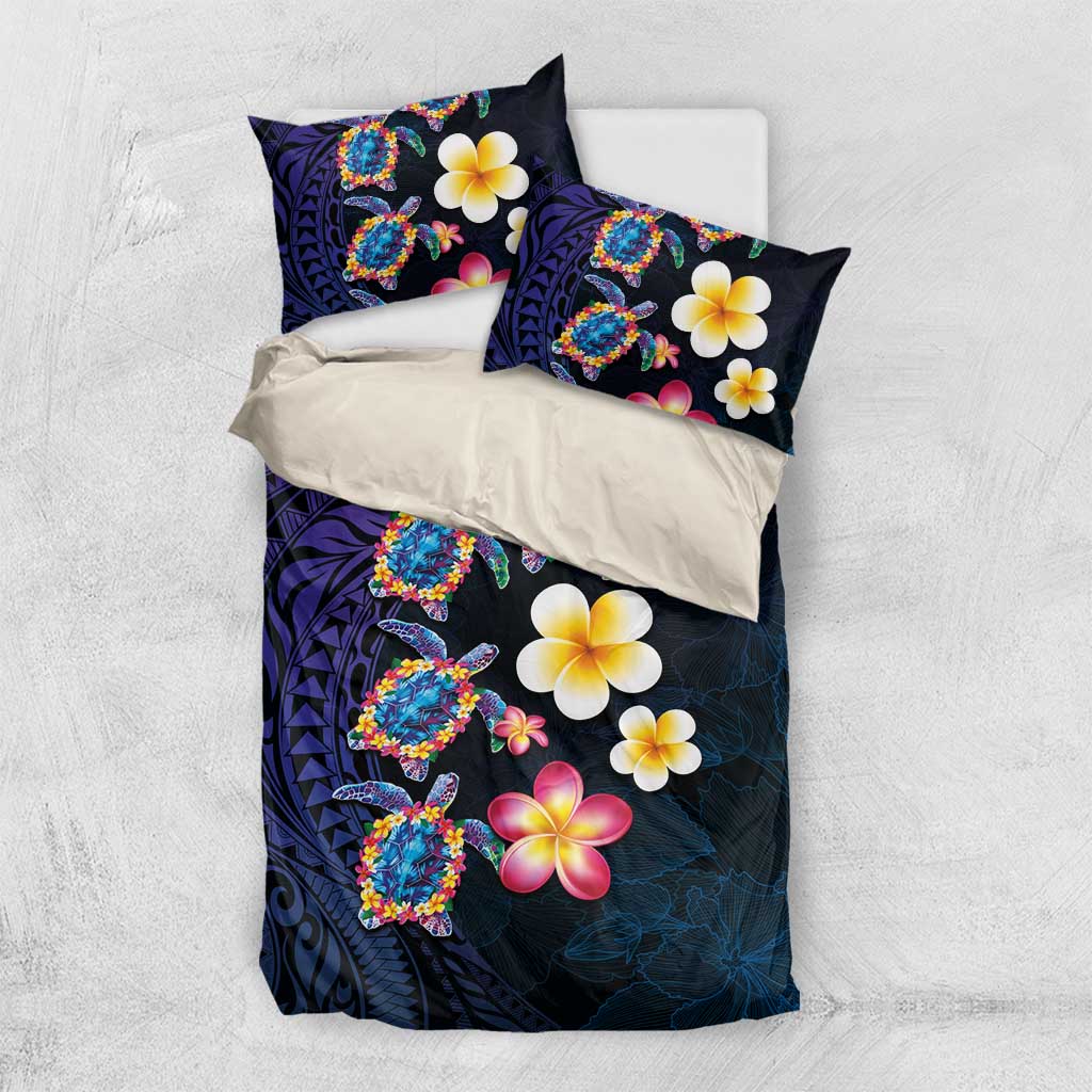 Hawaiian Turtles and Plumeria Bedding Set Polynesian Art Tribal Tattoo Dark Aqua Color LT03 US Twin 172cm x 218cm Blue - Polynesian Pride