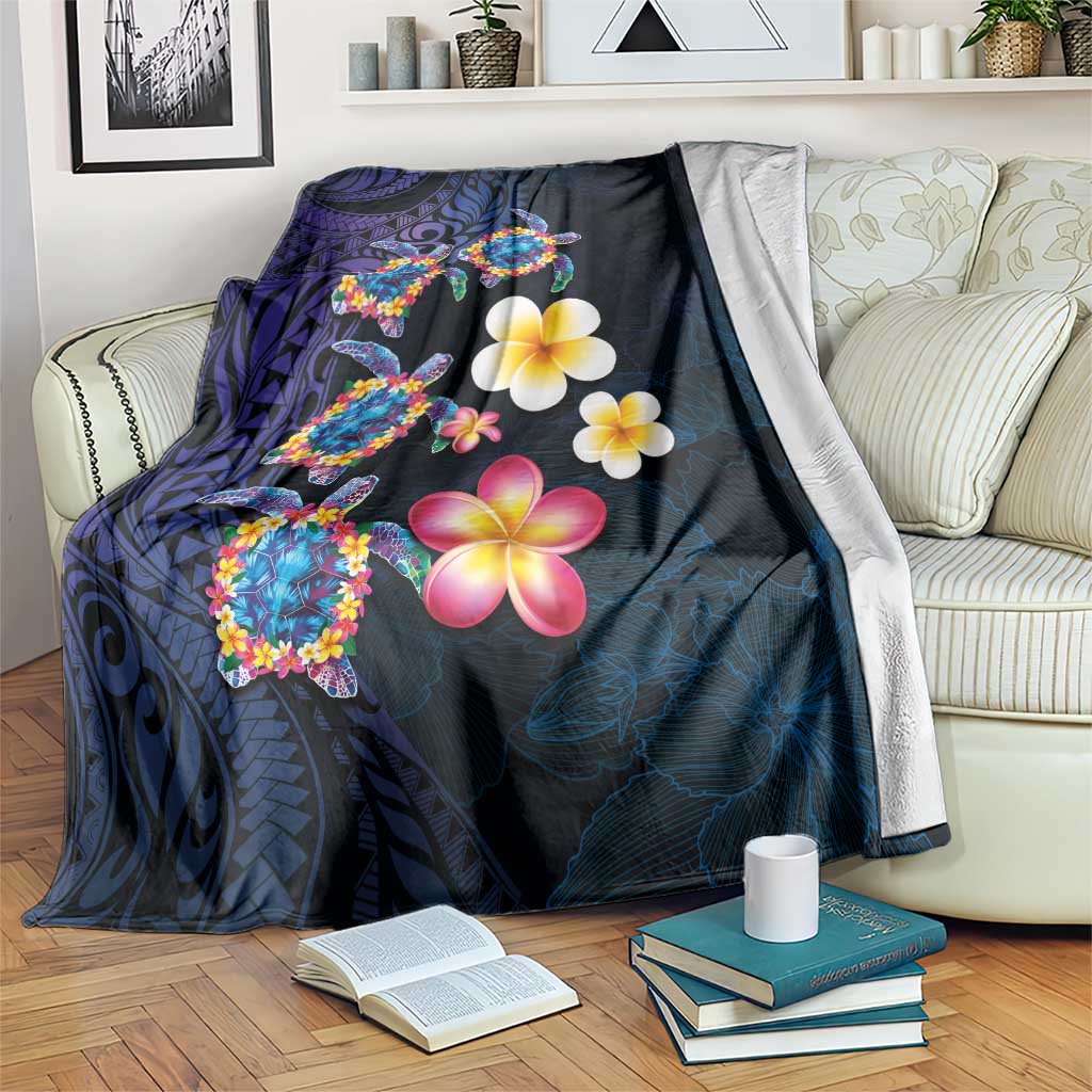 Hawaiian Turtles and Plumeria Blanket Polynesian Art Tribal Tattoo Dark Aqua Color LT03 Blue - Polynesian Pride