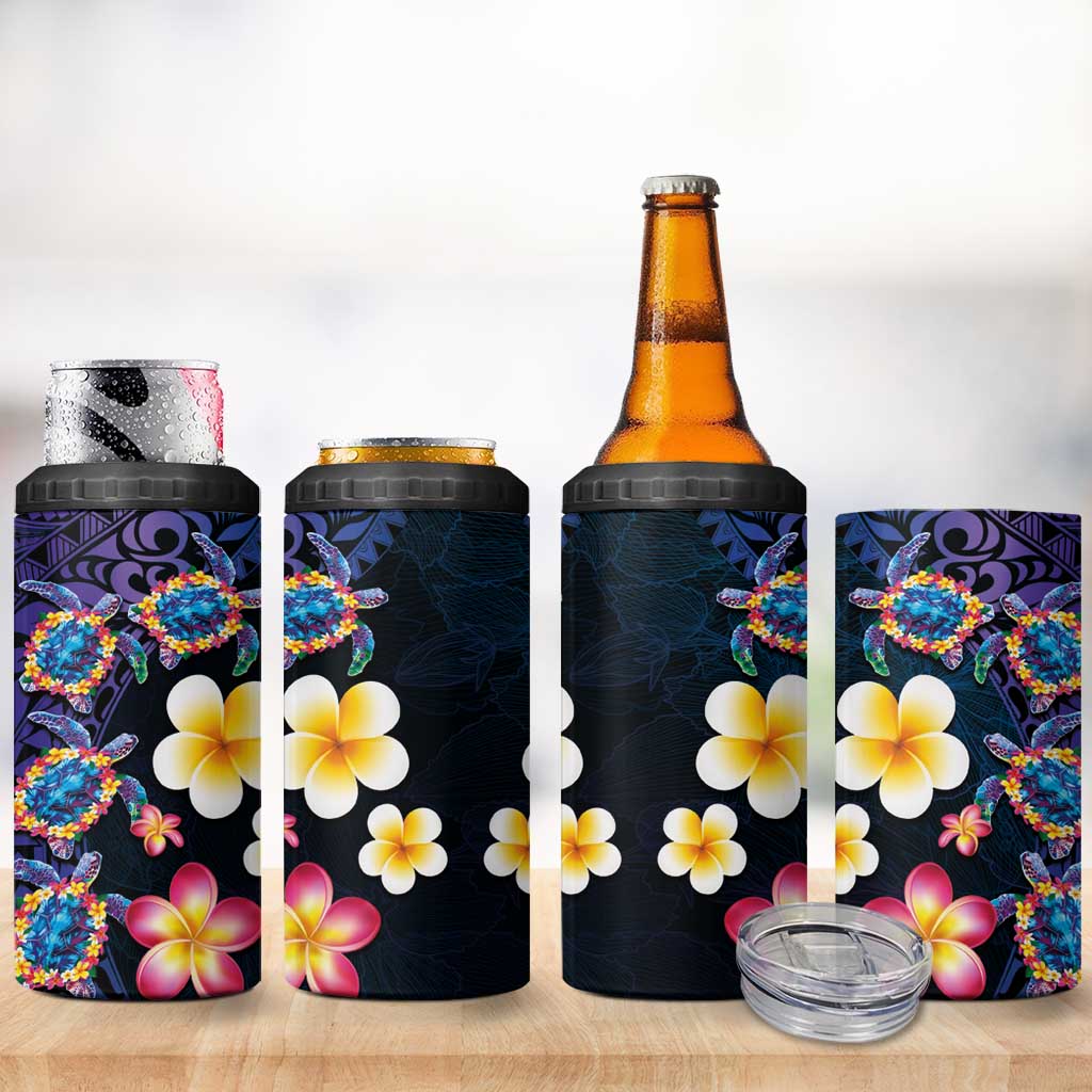 Hawaiian Turtles and Plumeria 4 in 1 Can Cooler Tumbler Polynesian Art Tribal Tattoo Dark Aqua Color LT03 - Polynesian Pride
