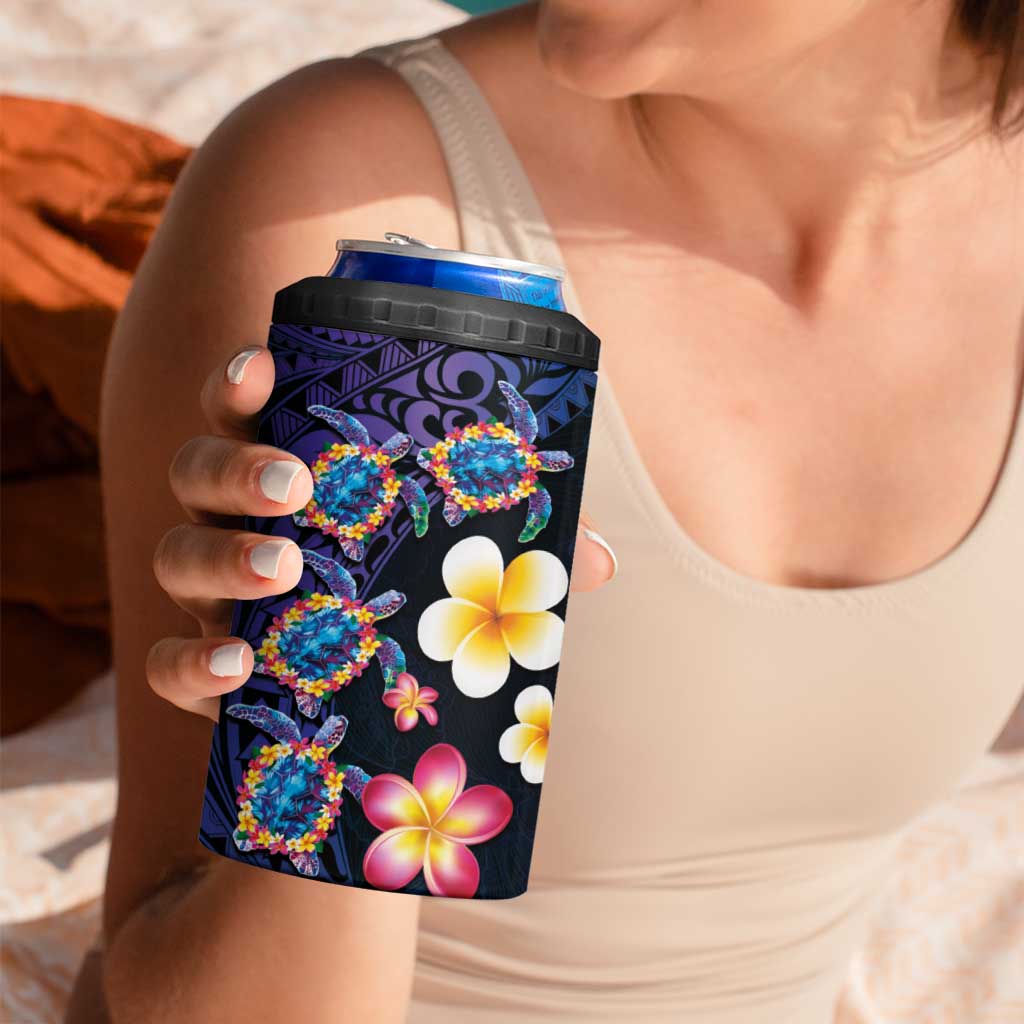 Hawaiian Turtles and Plumeria 4 in 1 Can Cooler Tumbler Polynesian Art Tribal Tattoo Dark Aqua Color LT03 - Polynesian Pride