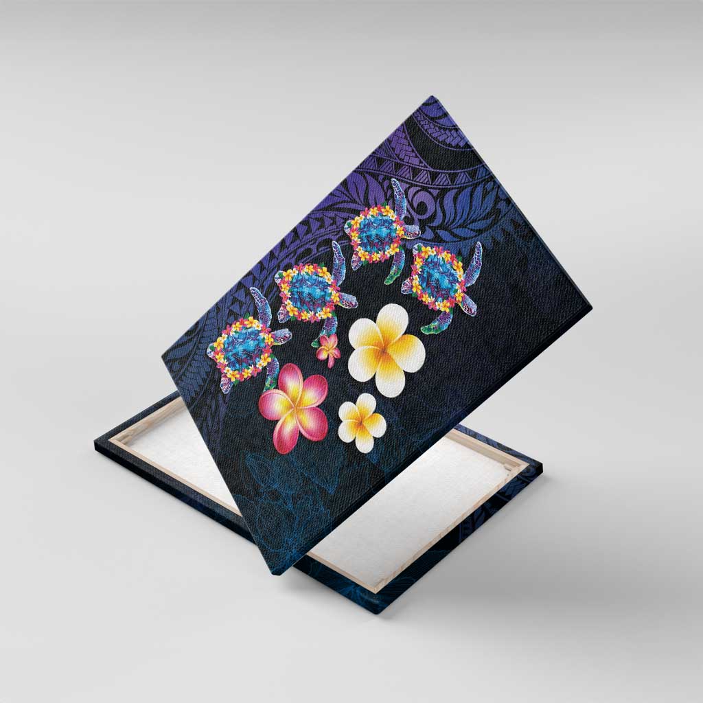 Hawaiian Turtles and Plumeria Canvas Wall Art Polynesian Art Tribal Tattoo Dark Aqua Color LT03 With Frame Blue - Polynesian Pride