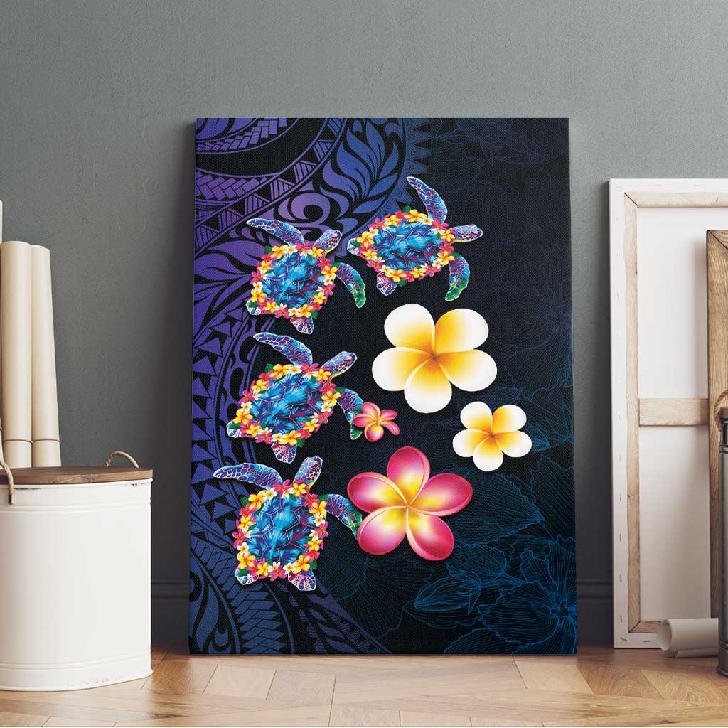 Hawaiian Turtles and Plumeria Canvas Wall Art Polynesian Art Tribal Tattoo Dark Aqua Color LT03 - Polynesian Pride