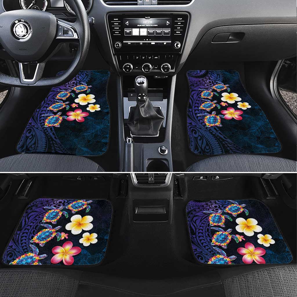 Hawaiian Turtles and Plumeria Car Mats Polynesian Art Tribal Tattoo Dark Aqua Color LT03 Set 4pcs Blue - Polynesian Pride