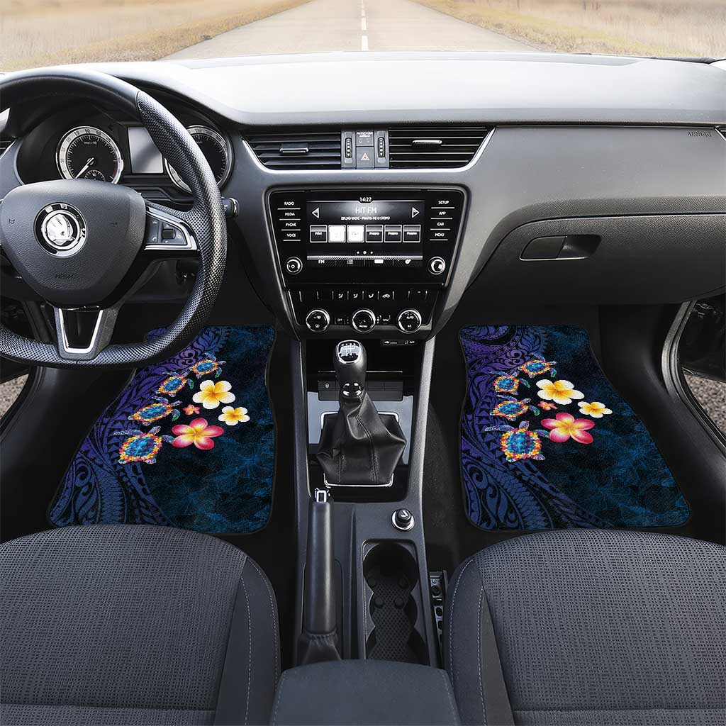 Hawaiian Turtles and Plumeria Car Mats Polynesian Art Tribal Tattoo Dark Aqua Color LT03 Set 2pcs - Front Blue - Polynesian Pride