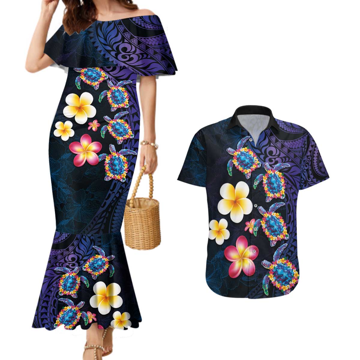 Hawaiian Turtles and Plumeria Couples Matching Mermaid Dress and Hawaiian Shirt Polynesian Art Tribal Tattoo Dark Aqua Color LT03 Blue - Polynesian Pride
