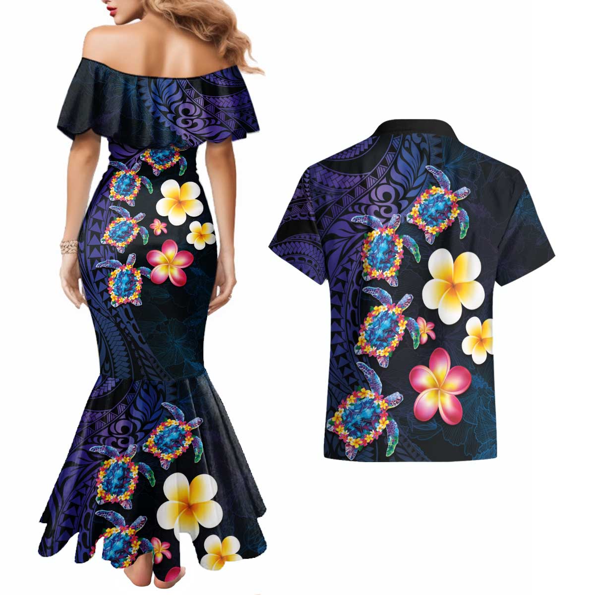 Hawaiian Turtles and Plumeria Couples Matching Mermaid Dress and Hawaiian Shirt Polynesian Art Tribal Tattoo Dark Aqua Color LT03 - Polynesian Pride