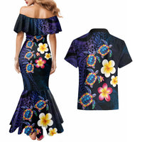 Hawaiian Turtles and Plumeria Couples Matching Mermaid Dress and Hawaiian Shirt Polynesian Art Tribal Tattoo Dark Aqua Color LT03 - Polynesian Pride