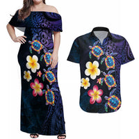 Hawaiian Turtles and Plumeria Couples Matching Off Shoulder Maxi Dress and Hawaiian Shirt Polynesian Art Tribal Tattoo Dark Aqua Color LT03 Blue - Polynesian Pride