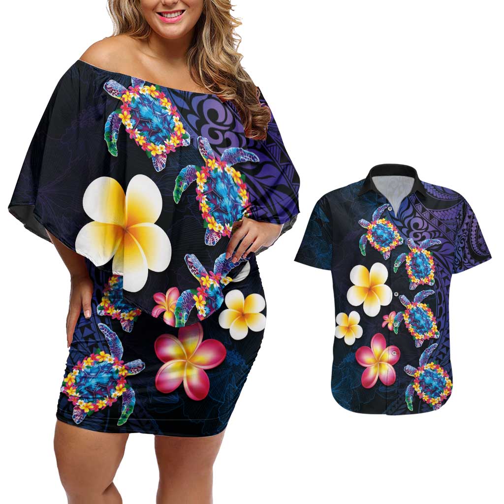 Hawaiian Turtles and Plumeria Couples Matching Off Shoulder Short Dress and Hawaiian Shirt Polynesian Art Tribal Tattoo Dark Aqua Color