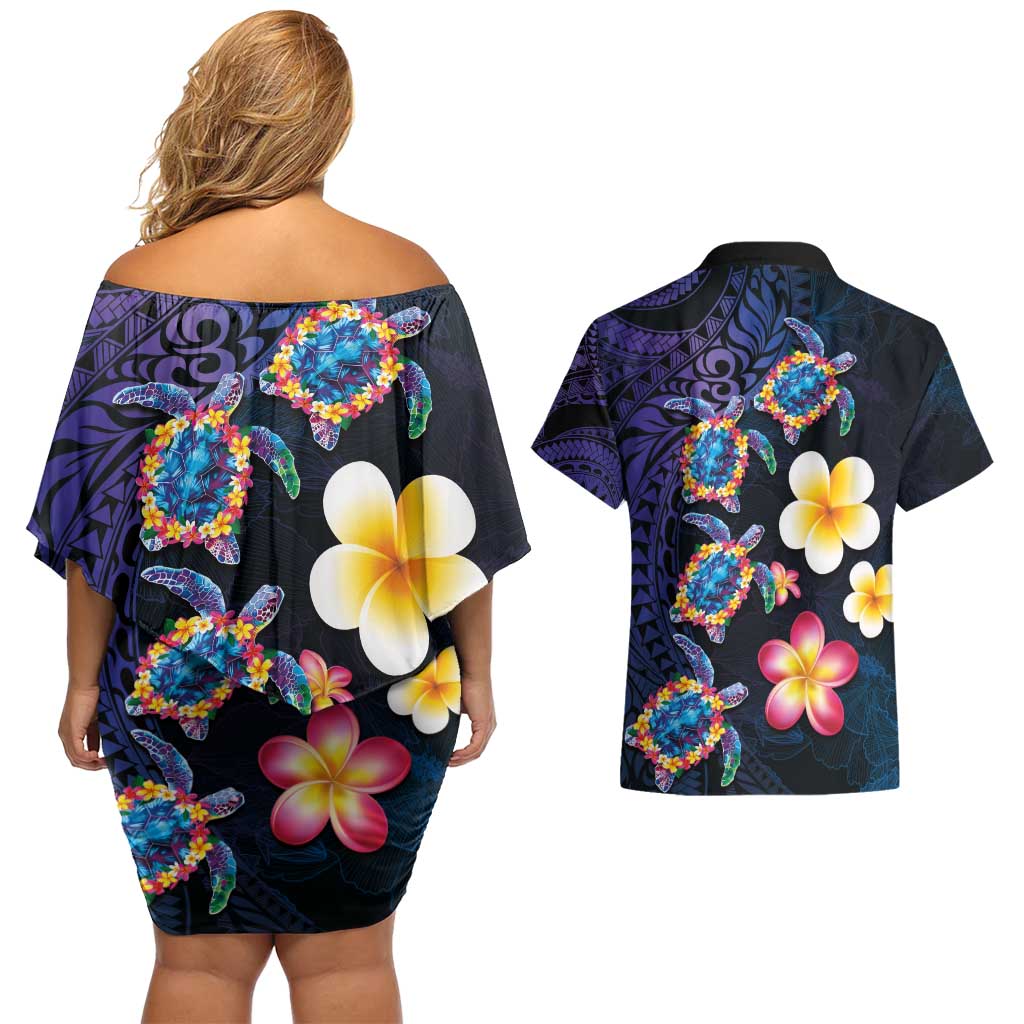 Hawaiian Turtles and Plumeria Couples Matching Off Shoulder Short Dress and Hawaiian Shirt Polynesian Art Tribal Tattoo Dark Aqua Color