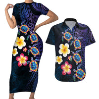 Hawaiian Turtles and Plumeria Couples Matching Short Sleeve Bodycon Dress and Hawaiian Shirt Polynesian Art Tribal Tattoo Dark Aqua Color LT03 Blue - Polynesian Pride