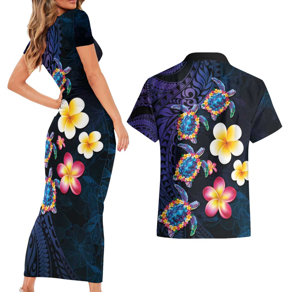 Hawaiian Turtles and Plumeria Couples Matching Short Sleeve Bodycon Dress and Hawaiian Shirt Polynesian Art Tribal Tattoo Dark Aqua Color LT03 - Polynesian Pride